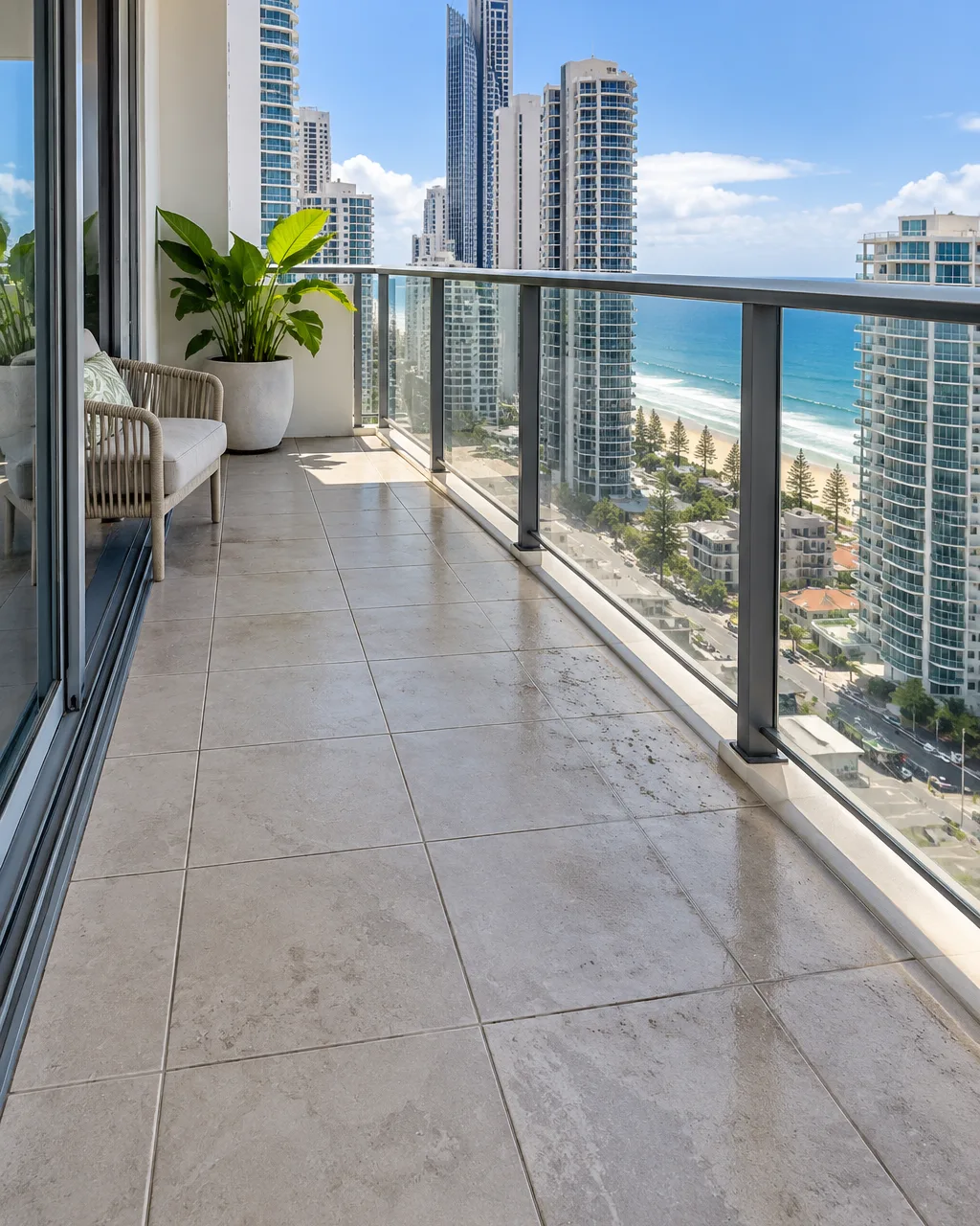 Clean apartment balcony overlooking the Gold Coast