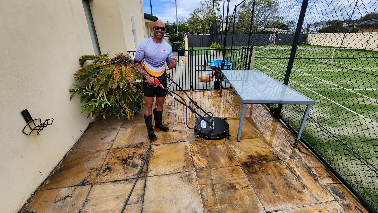 ThermoBlast owner cleaning sandstone pavers