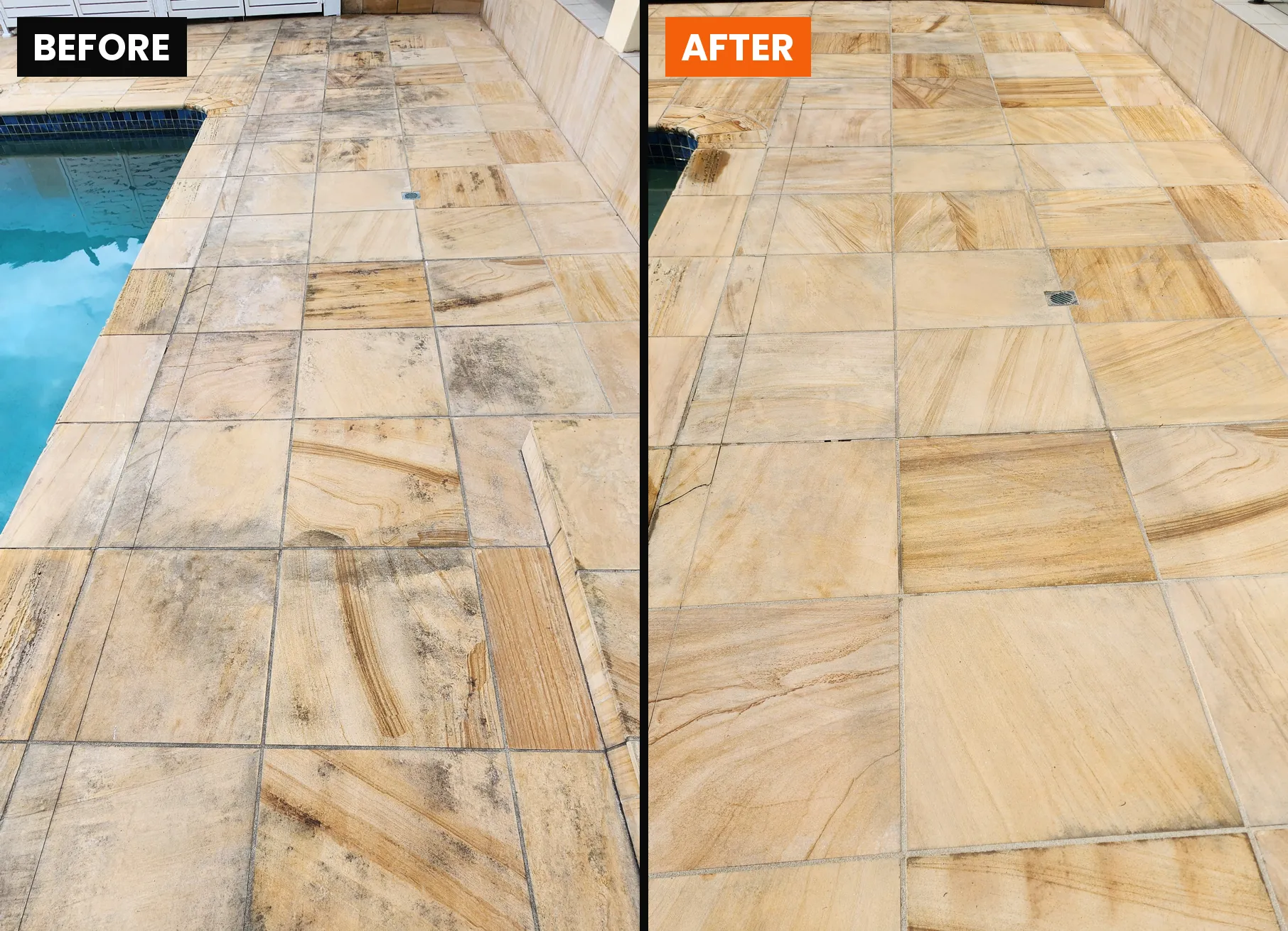 Sandstone pool deck before and after