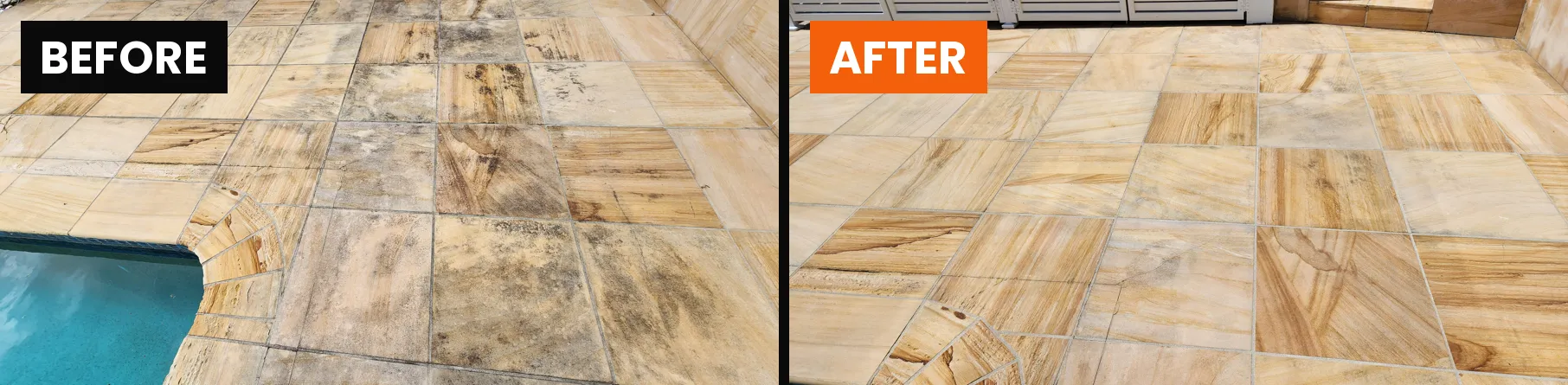 Sandstone pavers before and after cleaning by ThermoBlast